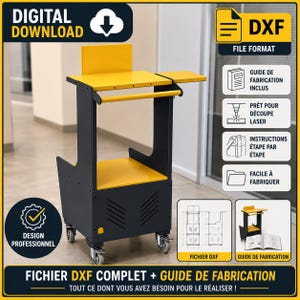 May include: A digital download for a mobile cart featuring a yellow top shelf and base with dark grey side panels and four caster wheels. The design includes a side extension, a handle, and ventilation slits. Includes DXF files and a guide.