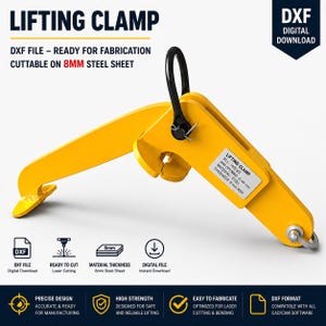 Puede incluir: Una pinza de elevación de metal amarillo con mango negro y una etiqueta que especifica una carga de 1000 kg, apertura de mordaza de 0-40 mm y espesor de acero de 8 mm. Archivo digital DXF para corte láser en chapa de acero de 8 mm.