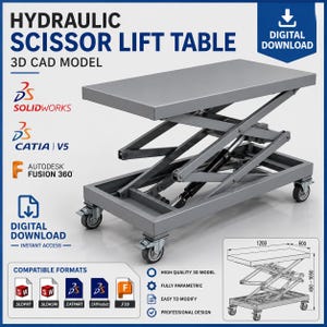 Könnte beinhalten: Ein 3D-CAD-Modell eines hydraulischen Scherenhubtisches in Grau mit rechteckiger Plattform, Scherenmechanismus und vier Lenkrollen. Das Bild enthält Textbeschriftungen für SolidWorks, Catia, Fusion 360 sowie eine technische Zeichnung.