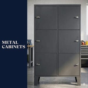 May include: A tall, dark gray metal cabinet featuring six individual storage compartments arranged in two vertical columns. Each compartment door is equipped with a small, silver-toned handle. The text METAL CABINETS is visible on the left.