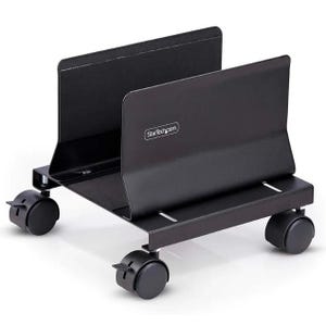 May include: A black metal computer tower stand featuring an adjustable width design with two vertical side panels. The base is equipped with four swiveling caster wheels, two of which include locking levers. The StarTech.com logo is printed in white.