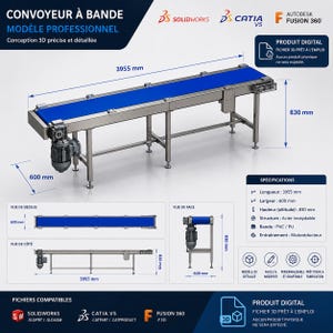 May include: A 3D digital model of a professional belt conveyor featuring a blue belt and stainless steel frame. The technical drawing includes dimensions of 3955 mm in length, 600 mm in width, and 830 mm in height, with motor and structural details.