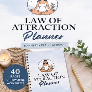 Può includere: Un'agenda Law of Attraction Planner a spirale con copertina azzurra raffigurante una persona che medita in un cerchio. Il testo riporta Law of Attraction Planner, Manifest Plan Attract e 40 Pages of Powerful Worksheets. Download digitale PDF.
