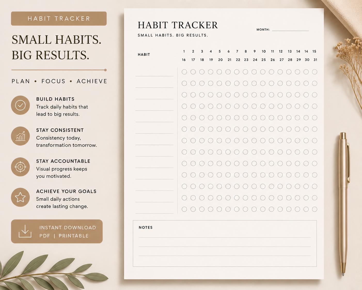 Minimalist Habit Tracker Printable PDF Canva Template Daily Routine ...