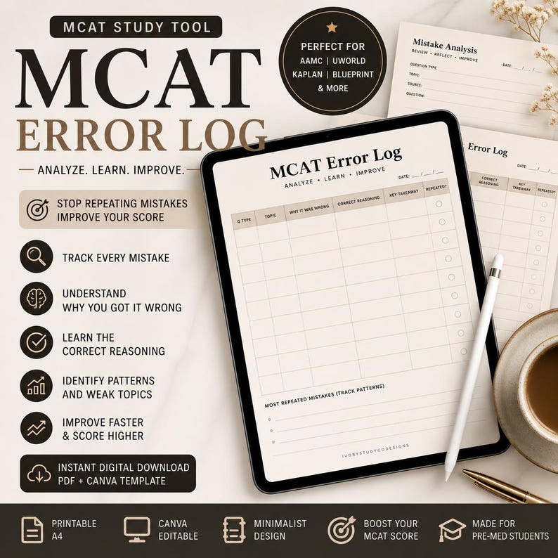 MCAT Error Log Printable PDF Canva Template MCAT Mistake Tracker Study ...