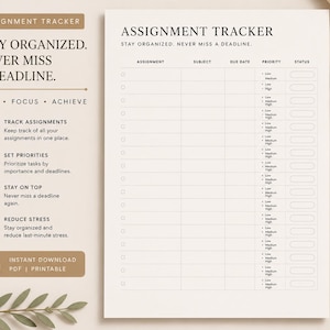 Assignment Tracker Printable PDF Student Homework Planner Canva Template Digital Download