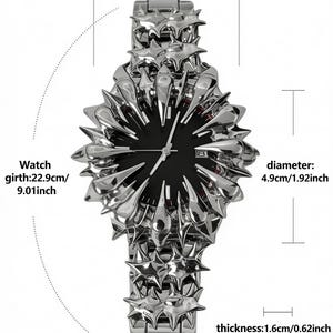 May include: A silver-toned wristwatch with a black watch face. The watch has a unique spiky design around the face and band. The dial diameter is 1.85 inches, the watch girth is 9.01 inches, the diameter is 1.92 inches, the thickness is 0.62 inches, and the breadth is 0.66 inches.