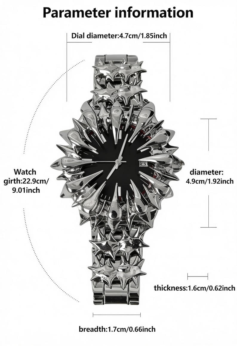 May include: A silver-toned wristwatch with a black watch face. The watch has a unique spiky design around the face and band. The dial diameter is 1.85 inches, the watch girth is 9.01 inches, the diameter is 1.92 inches, the thickness is 0.62 inches, and the breadth is 0.66 inches.