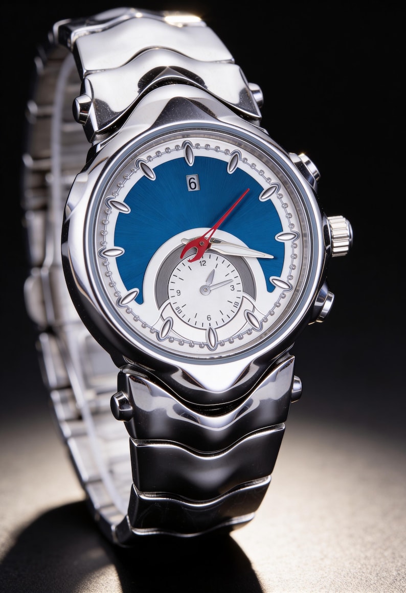 Pu&ograve; includere: Orologio da polso in acciaio inossidabile con quadrante blu e quadrante bianco pi&ugrave; piccolo. L'orologio ha una lancetta dei secondi rossa e un'indicazione della data alle 6. Il cinturino &egrave; anch'esso in acciaio inossidabile.