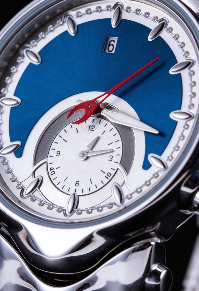 Pu&ograve; includere: Primo piano di un orologio da polso di lusso con quadrante blu e dettagli argentati. L'orologio presenta un quadrante secondario, un datario alle 6 e una lancetta dei secondi rossa. Il cinturino &egrave; in acciaio inossidabile.