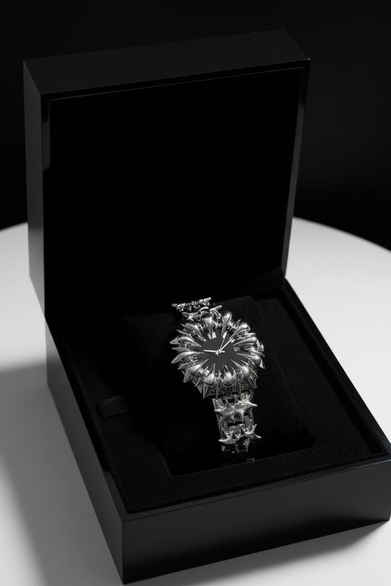 May include: A luxury wristwatch with a unique, spiky design, presented in a black box. The watch features a black face and a silver-toned, star-like bezel and band. The watch is displayed on a black velvet cushion.