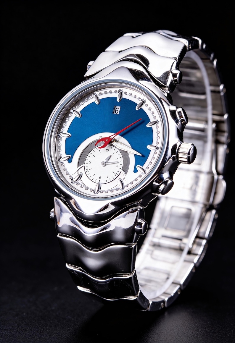 Pu&ograve; includere: Orologio da polso argentato con quadrante blu e un quadrante bianco pi&ugrave; piccolo. L'orologio ha una lancetta dei secondi rossa e un'indicazione della data alle 6. Il cinturino &egrave; anch'esso argentato. L'orologio &egrave; su sfondo nero.
