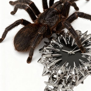 May include: A close-up of a black watch with a silver, spiky design. A large, dark brown tarantula is positioned near the watch. The watch has a black face and silver hands. The watch band also has a spiky design.