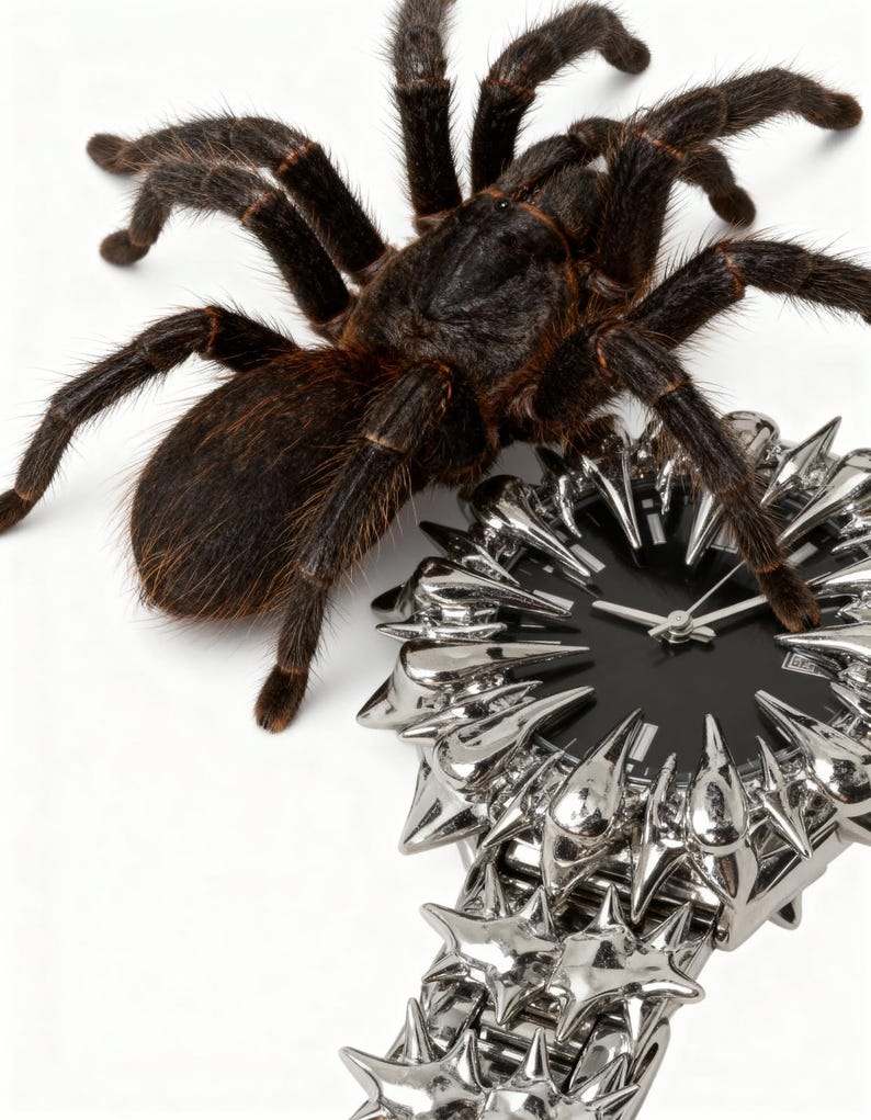 May include: A close-up of a black watch with a silver, spiky design. A large, dark brown tarantula is positioned near the watch. The watch has a black face and silver hands. The watch band also has a spiky design.