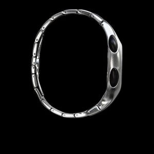 May include: A silver bracelet with a distinctive design. It features rectangular links leading to a curved, oval-shaped central element. The central element has two black, oval insets. The bracelet is set against a black background.