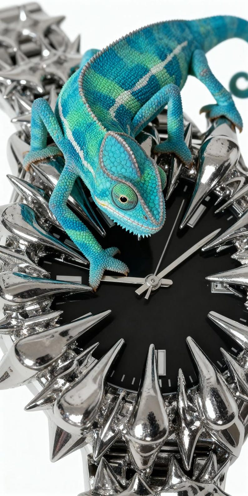 May include: A unique clock featuring a vibrant blue and green chameleon perched on the face. The clock has a black dial with silver hands and is surrounded by a spiky, metallic silver frame. The overall design is artistic and eye-catching.