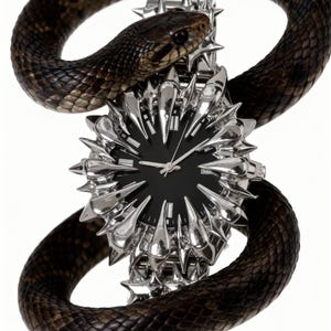May include: A silver wristwatch with a black face and spiky, decorative bezel. A brown and black snake is coiled around the watch, creating a striking contrast. The watch band is also silver.