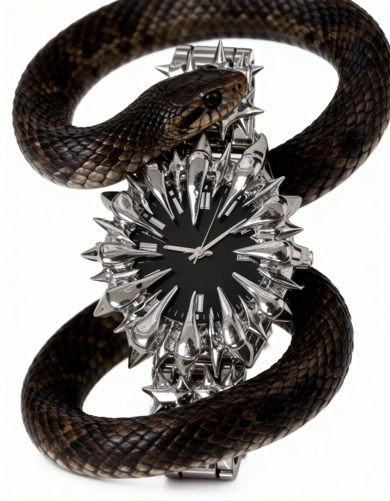 May include: A silver wristwatch with a black face and spiky, decorative bezel. A brown and black snake is coiled around the watch, creating a striking contrast. The watch band is also silver.