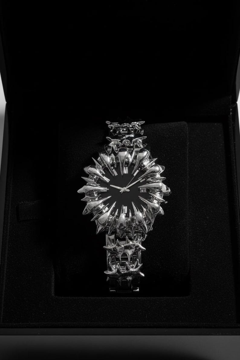May include: A silver-toned wristwatch with a black face, presented in a black box. The watch features a unique, spiky design around the face and on the band, creating a bold, avant-garde aesthetic. The watch is a luxury item.