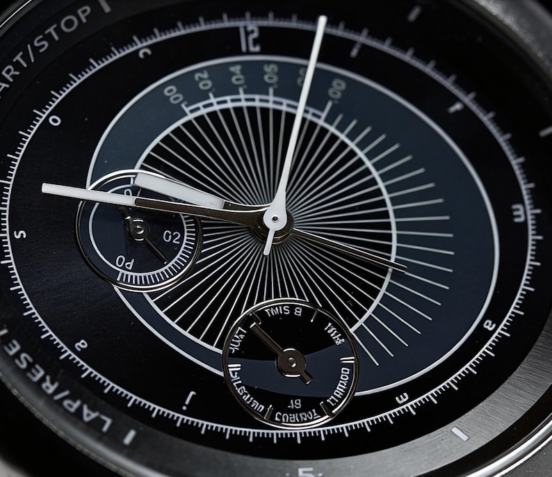 May include: A detailed shot of a black wristwatch with white hands and numerals. The watch face has a complex design with subdials and a radial pattern. The bezel displays the text "START/STOP" and "LAP/RESET".
