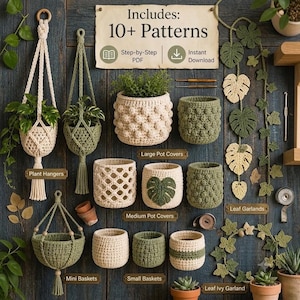 May include: A collection of crochet patterns including plant hangers, large and medium pot covers, small baskets, and leaf garlands. The set features cream and sage green yarn textures, bobble stitches, and monstera leaf designs with PDF instructions.