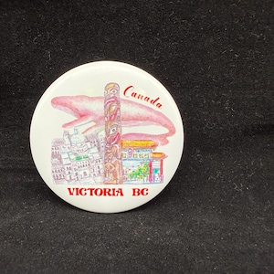 Victoria BC Button Pin, Handcrafted Canada Travel Souvenir Badge, Whimsical Totem Pole & Pink Whale Pop Art Refrigerator-Style Jacket Pin