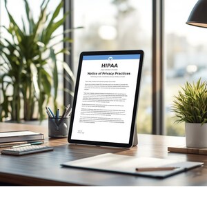 May include: A digital tablet displaying a document titled "HIPAA Notice of Privacy Practices." The tablet is propped up on a wooden desk, with a pen holder, a notepad, and a plant in the background. The document is in black text on a white background.