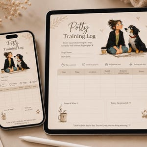 May include: A digital potty training log displayed on a smartphone and tablet. The log features illustrations of a person and a dog, with space for tracking progress. The text "Potty Training Log" is visible. A cup of coffee and a notepad are also present.
