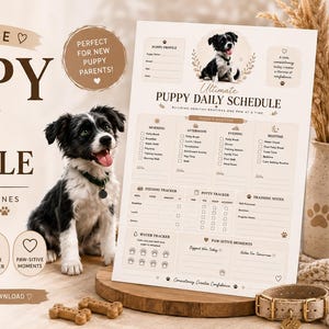 May include: A printable puppy daily schedule document featuring a black and white puppy, sections for feeding, potty, and water tracking, training notes, and paw-sitive moments. The text reads Ultimate Puppy Daily Schedule and Building Healthy Routines.