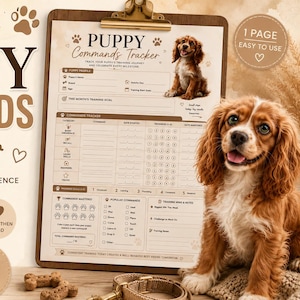 May include: A printable puppy commands tracker document on a clipboard, featuring a brown and white spaniel puppy, bone-shaped treats, and a tan collar. The text reads Ultimate Puppy Commands Tracker, Track Progress, Build Confidence, Celebrate Milestones.