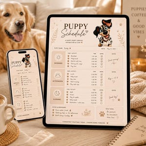 May include: A golden retriever dog is next to a smartphone, tablet, and coffee mug. The phone and tablet display a "Puppy Schedule" with a cartoon dog. The mug says "Puppy Mom." A notebook reads "dog mom doing her best."