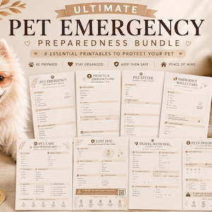 May include: A pet emergency preparedness bundle featuring eight printable sheets with text including Ultimate Pet Emergency Preparedness Bundle, Pet Emergency Information Sheet, Medical & Emergency Care Information, Pet Sitter Instructions, and Emergency Wallet Card.