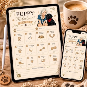 Może przedstawiać: Cyfrowy tracker kamieni milowych szczeniaka wyświetlany na ekranie tabletu i smartfona. Szablon ma beżowe tło z ilustracją osoby i czarnego psa, dwanaście ponumerowanych pól z kamieniami milowymi oraz sekcję na notatki i wspomnienia.