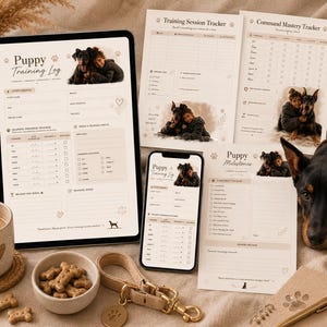 Może przedstawiać: Cyfrowy dziennik szkolenia szczeniaka wyświetlony na tablecie i smartfonie, obok wydrukowanych arkuszy zatytułowanych Training Session Tracker, Command Mastery Tracker i Puppy Milestones. Zestaw zawiera beżową obrożę, miskę z przysmakami i długopis.