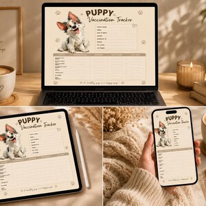 Könnte beinhalten: Ein digitaler Impfpass für Welpen, der auf einem Laptop, Tablet und Smartphone angezeigt wird. Der Tracker zeigt eine Cartoon-Welpen-Illustration und den Text "Puppy Vaccination Tracker". Der Hintergrund umfasst Kaffee, Kerzen und ein Notizbuch.
