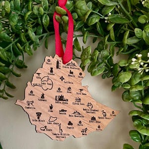 Ethiopian Map Wood Christmas Ornament: Addis Ababa, Melkam Gena