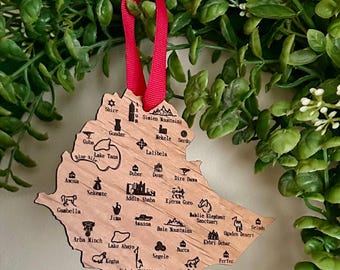 Ethiopian Map Wood Christmas Ornament: Addis Ababa, Melkam Gena