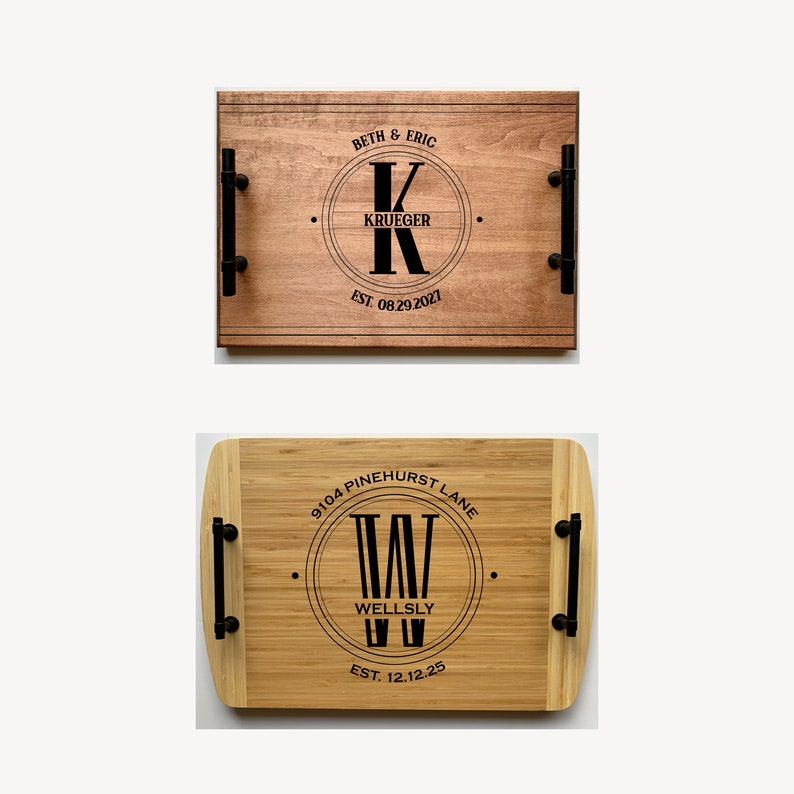 Monogrammed serving trays in maple and bamboo.