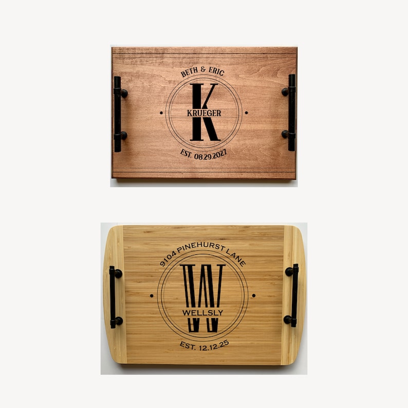 Monogrammed serving trays in maple and bamboo.