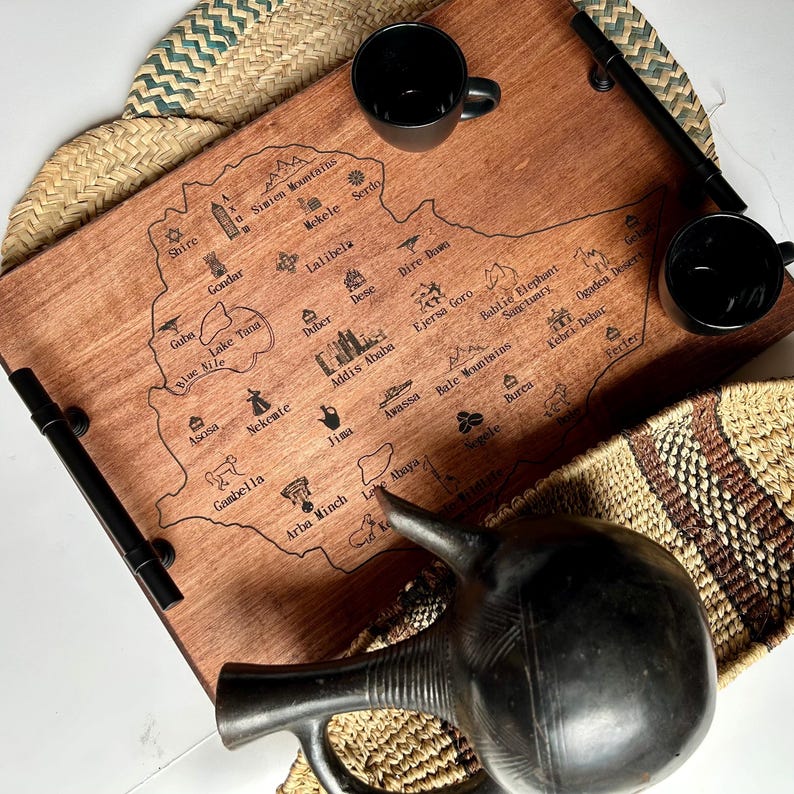 Ethiopia Map Serving Tray: Engraved Maple Wood Coffee Ceremony Tray image 2