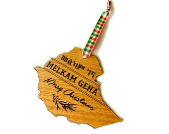 Ethiopian Christmas Ornament – Melkam Gena Ethiopia Map Engraved Wood Decor