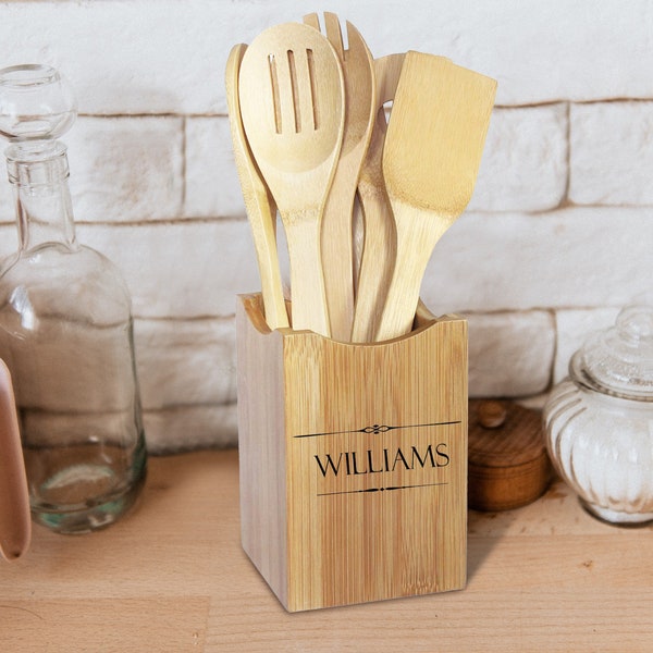 Engraved Bamboo Kitchen Utensil Set, Personalized Kitchen Gift, Personalized Wedding Utensils, Personalized Name Kitchen Set