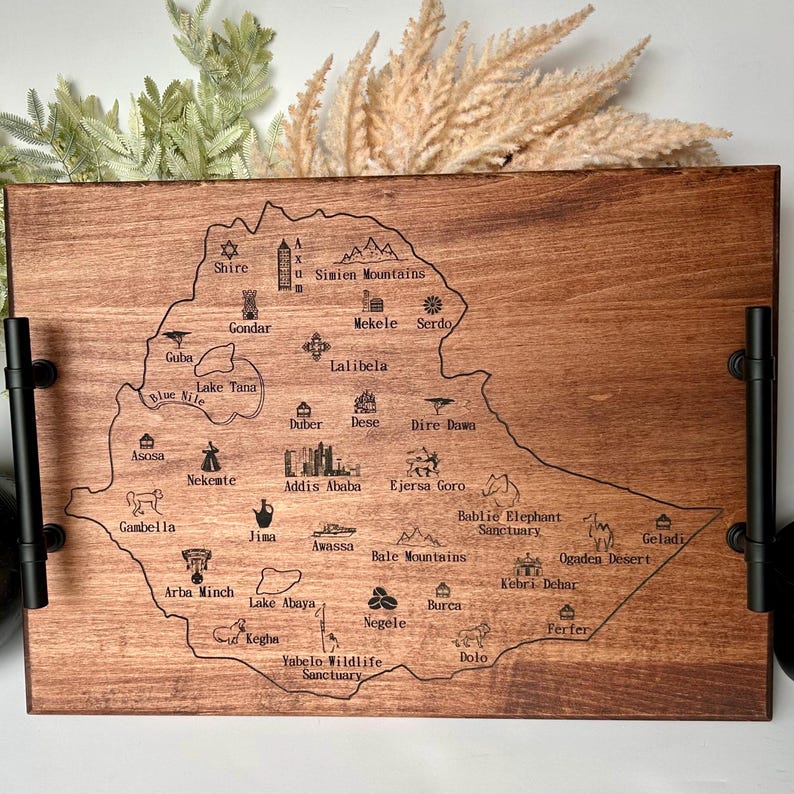 Ethiopia Map Serving Tray: Engraved Maple Wood Coffee Ceremony Tray image 7