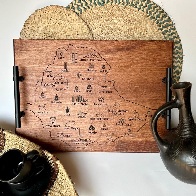 Ethiopia Map Serving Tray: Engraved Maple Wood Coffee Ceremony Tray image 10