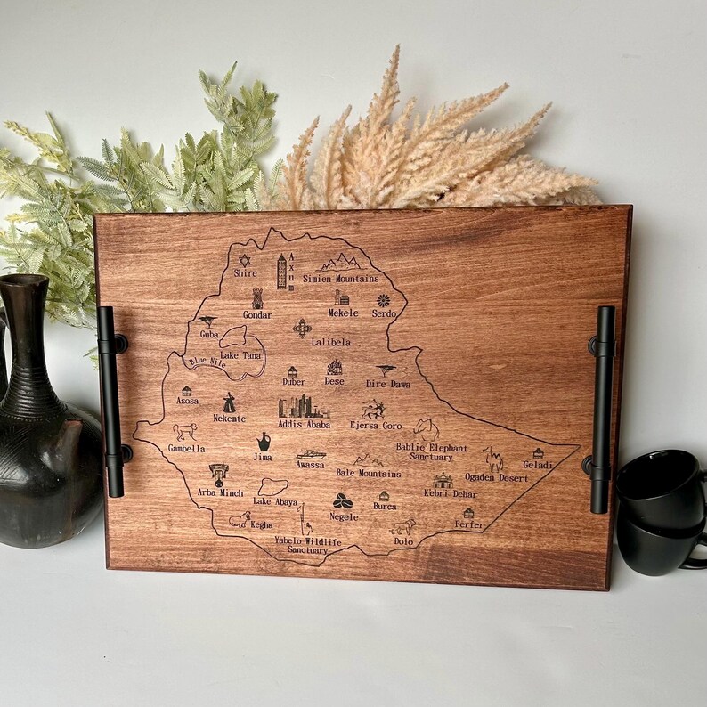 Ethiopia Map Serving Tray: Engraved Maple Wood Coffee Ceremony Tray image 5