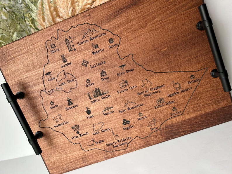 Ethiopia Map Serving Tray: Engraved Maple Wood Coffee Ceremony Tray image 4
