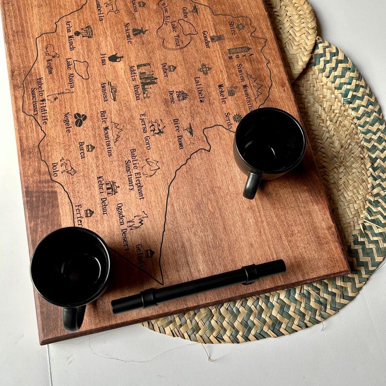 Ethiopia Map Serving Tray: Engraved Maple Wood Coffee Ceremony Tray image 8