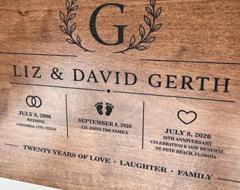 May include: A rectangular wooden plaque with dark brown wood grain featuring black laser-engraved text and graphics. The design includes a large letter G, the names LIZ & DAVID GERTH, and three sections detailing dates and events: wedding, J.D. joins the family, and a 20th anniversary celebration. The bottom text reads TWENTY YEARS OF LOVE • LAUGHTER • FAMILY.