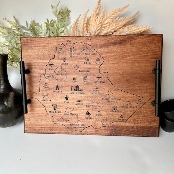 Ethiopia Map Serving Tray: Engraved Maple Wood Coffee Ceremony Tray
