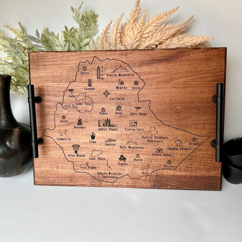 Ethiopia Map Serving Tray: Engraved Maple Wood Coffee Ceremony Tray image 1